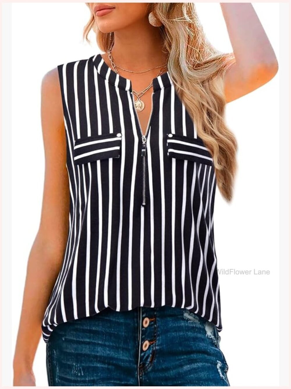 Sleeveless V-Neck Zipper Tunic Tank Top Business Casual Blouse